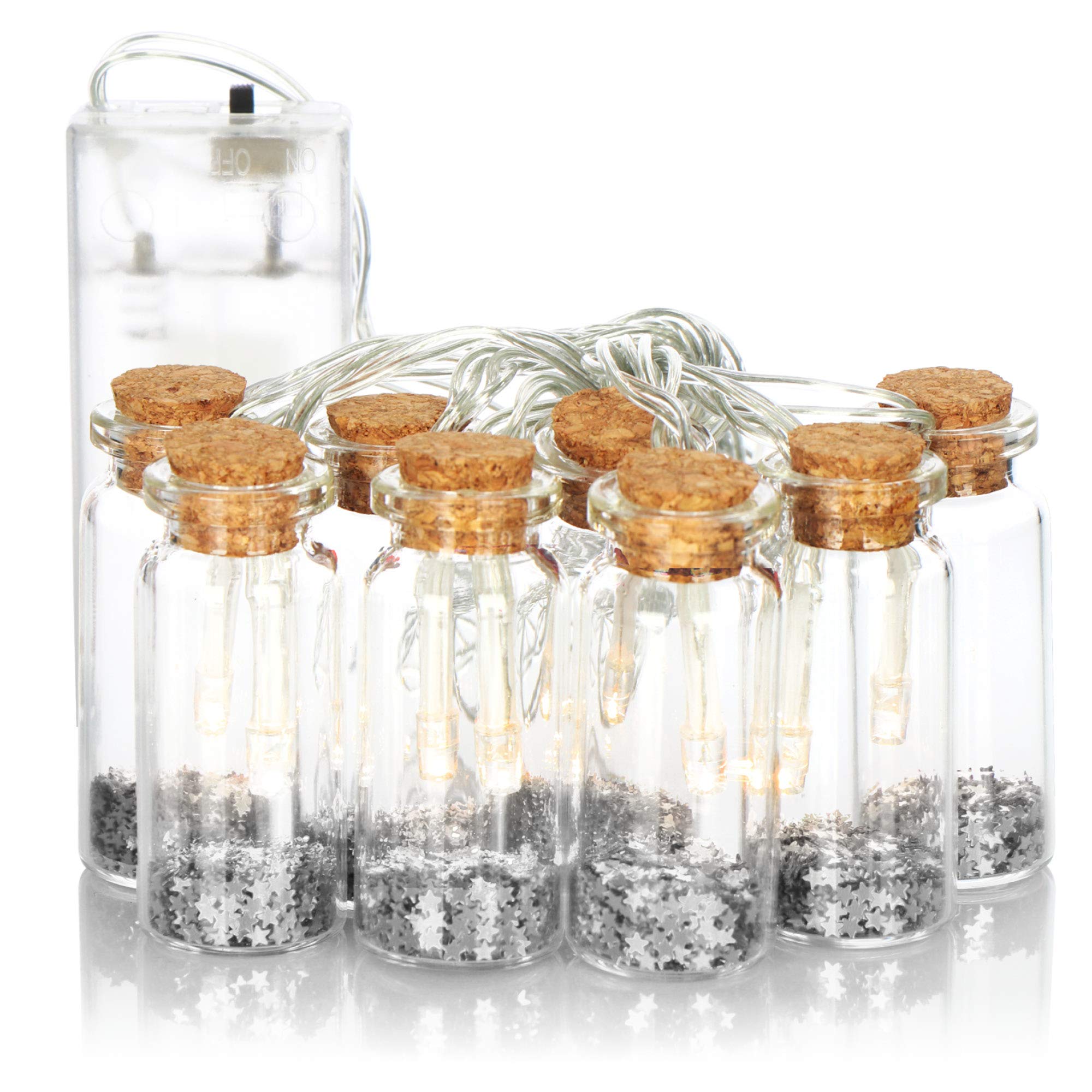com-four® LED Light Chain with 8 Decorative Glass Bottles with Cork Closure - Decorative Battery-Operated Light Chains for Indoors - Colorful Stars (Silver Colored)