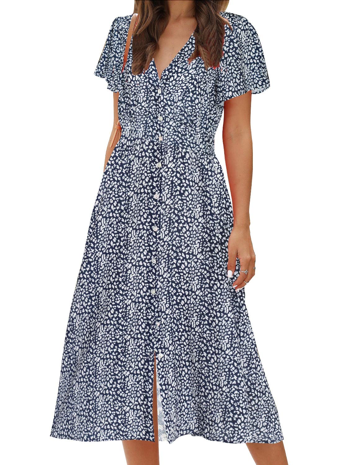 Photo 1 of ROYLAMP Women's Floral Button Up Split Dress Deep V Short Bell Sleeve Flowy Midi Dress with Pockets Navy Blue S