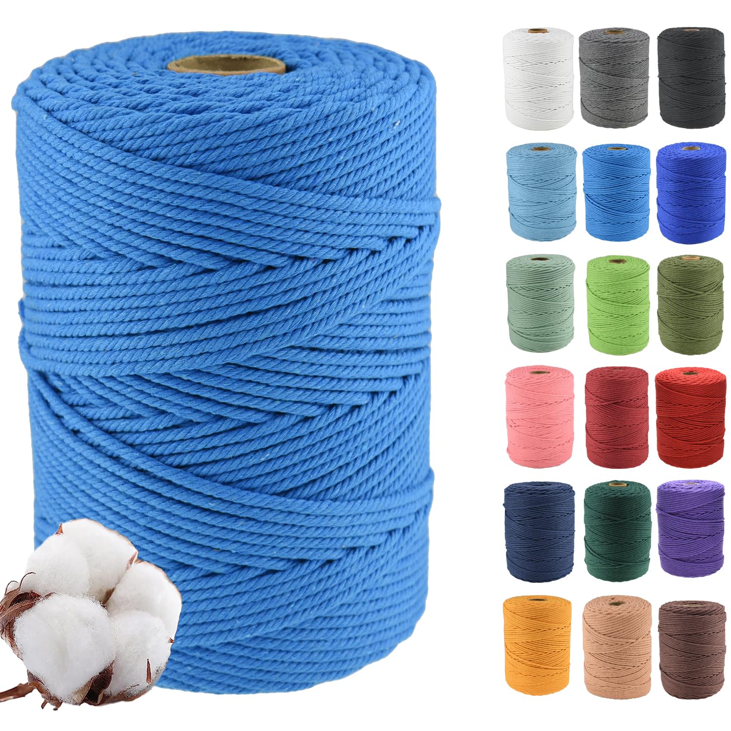 Klhamky 4mm×300m Macrame Cotton Cord, Soft 4 Strand Twisted 100% Natural Cotton for Handmade Wall Hanging, DIY, Craft Making, Knitting, Plant Hangers, Decorative Projects (4mm×300m, Lake Blue)
