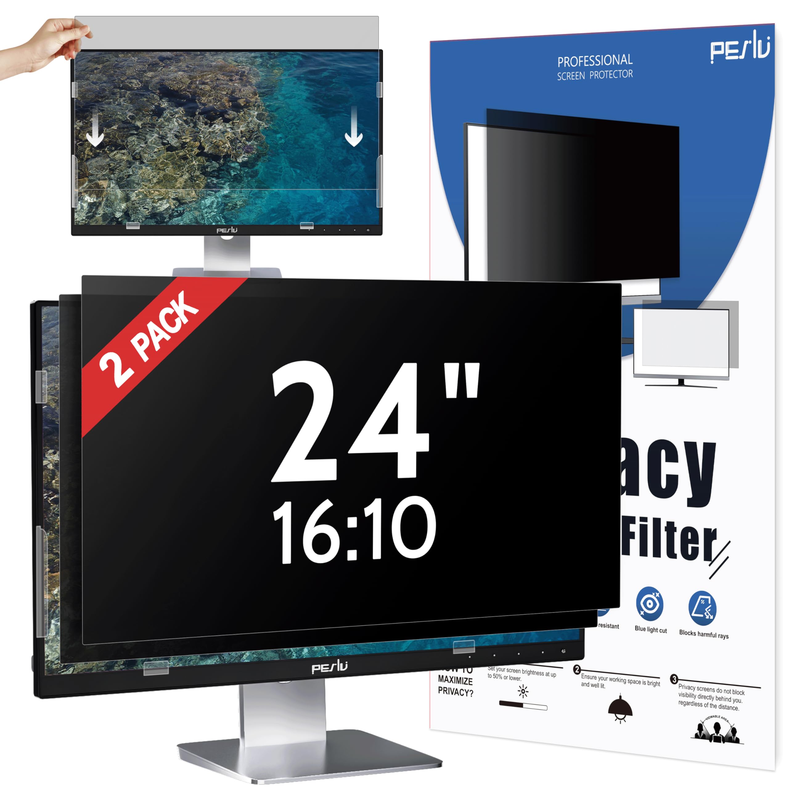Photo 1 of [2 Pack] 24 Inch Privacy Screen for Computer Monitor 16:10 Aspect Ratio, Eye Protection Anti Blue Light Glare Shield, 24inch Removable Black Blackout Anti Spy Desktop Security Private Filter