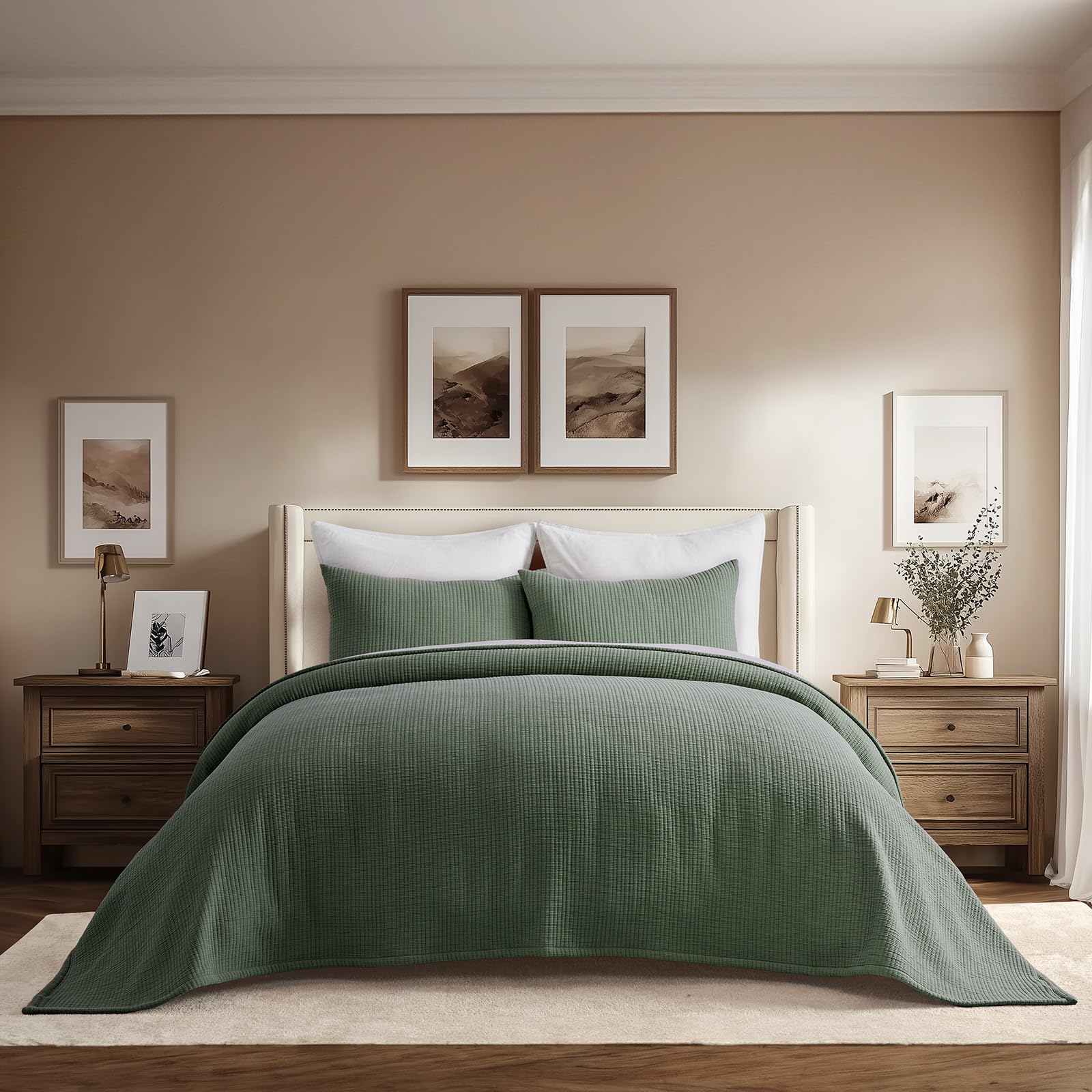 Photo 1 of EVERGRACEHOME Cotton Gauze King Bedspread, Ultra Soft Prewashed Pick Stitch Matelassé Coverlet, Lightweight Textured Oversized King Quilt Bedding Set for All Season, with 2 Shams, Olive Green