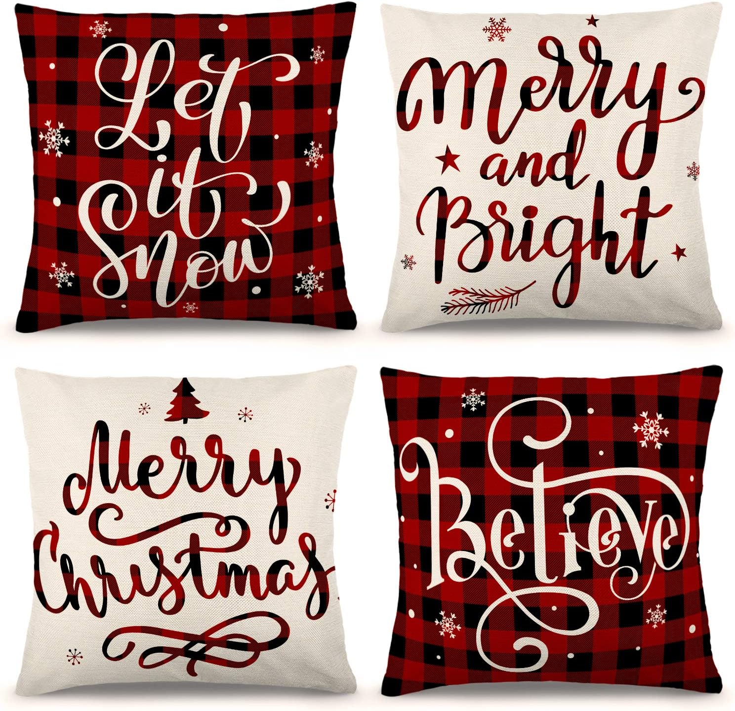 YGEOMER Christmas Pillow Covers 18×18 Inch Set of 4 Farmhouse Black and Red Buffalo Plaid Pillow Covers Holiday Rustic Linen Pillow Case for Sofa Couch Christmas Decorations Throw Pillow Covers: Home & Kitchen