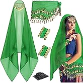 GZJINYUAN 4Pcs Belly Dancer Outfit Sets, Chiffon Head Scarf,Belly Dance Hip Scarf, 2 Coin Wrist Bracelets, 50 Bobby Pins