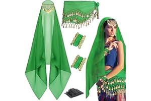 GZJINYUAN 4Pcs Belly Dancer Outfit Sets, Chiffon Head Scarf,Belly Dance Hip Scarf, 2 Coin Wrist Bracelets, 50 Bobby Pins