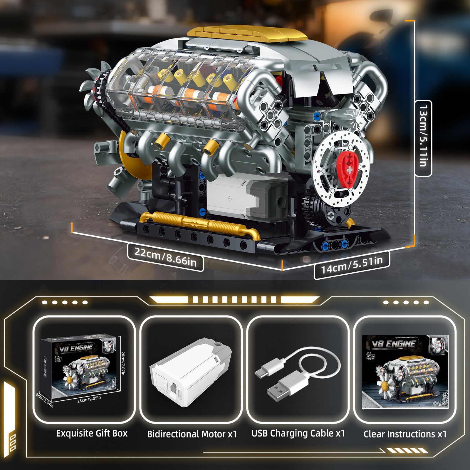 Technik V8 Motor Bausatz Modell Klemmbausteine, Ideas Mini V8 Eigene Modellbausatz für Erwachsene, Kompatibel mit Lego Set, STEM Spielzeug Geschenk für Auto Fans und Jungen ab 14 Jahren (703 Teile) 6