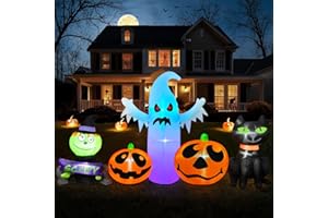 BRDJade 8FT Long Halloween Inflatables Outdoor Decorations, Inflatable Pumpkin and Ghost Black Cat Halloween Decorations with Built-in RGB LEDs Blow Up Inflatable for Halloween Party Garden Yard Lawn
