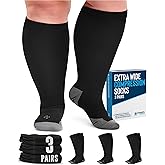 Doctor's Select 3 Pairs Plus Size Compression Socks Wide Calf - Up to 6XL | 20-30 mmHg Extra Wide Calf Compression Socks Women | Black