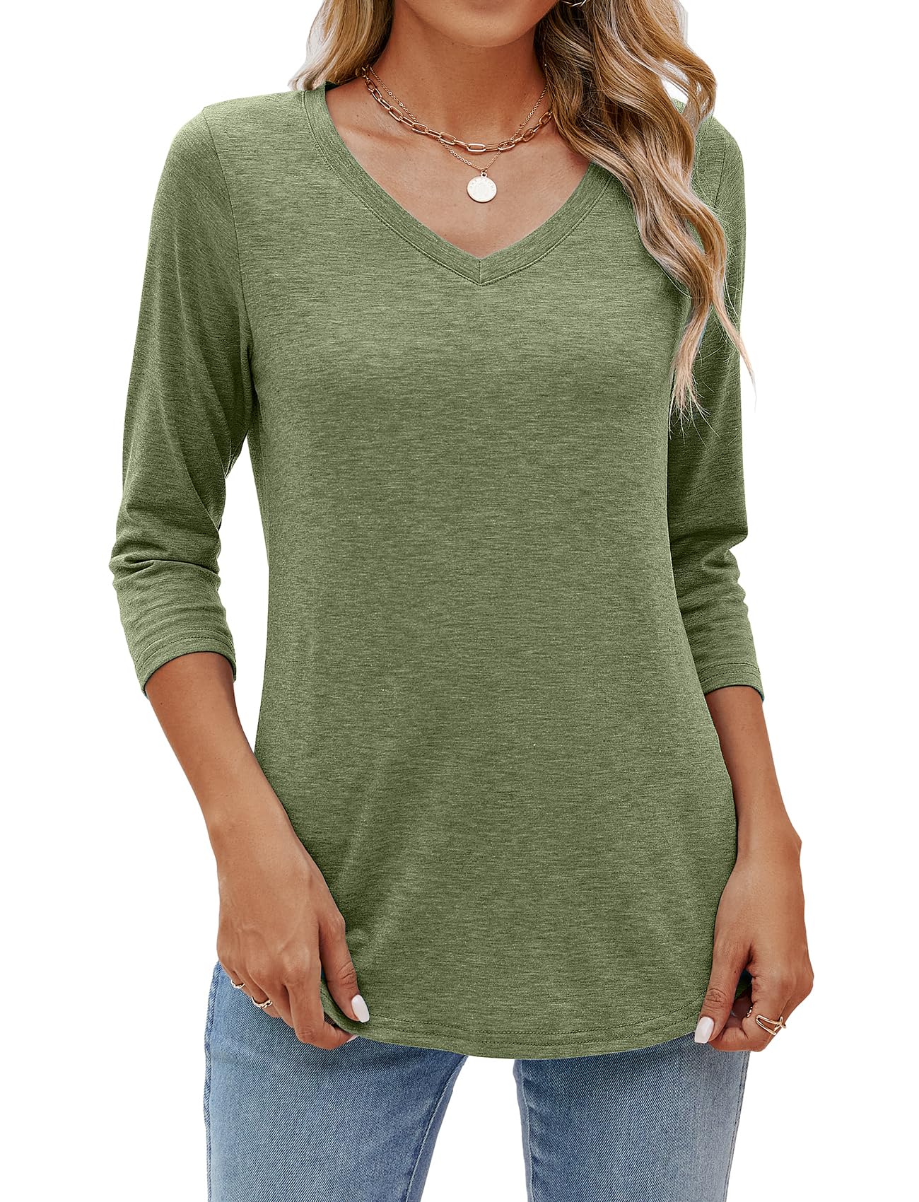 Sherosa Womens V Neck 3/4 Sleeve T Shirts Loose Fit