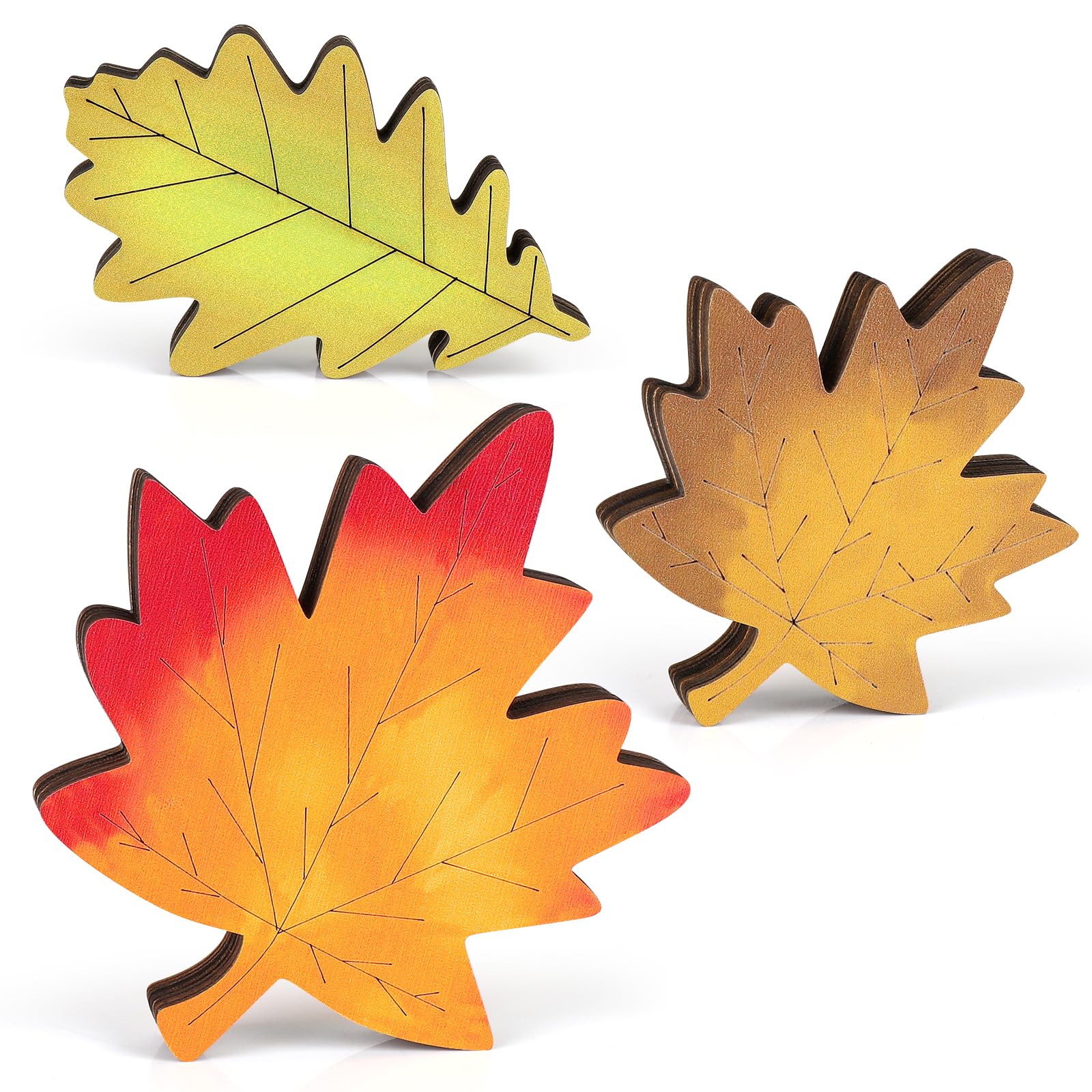 Photo 1 of Fall Decorations for Home - 3 Pcs Rustic Maple & Oak Leaf Wooden Table Decor, Autumn Farmhouse Thanksgiving Signs for Mantel, Shelf, Tiered Tray