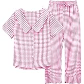 Tanming Womens Gingham 2 Piece Pajamas Sets Puff Sleeve Babydoll Shirt Ruffle Pants Pj Lounge Set Sleepwear