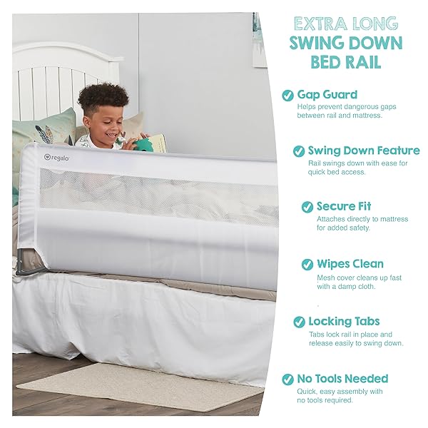 REGALO SAFETY 54” EXTRA LONG BED RAIL GUARD FOR TODDLERS, SWING DOWN TODDLER BED RAIL WITH REINFORCED ANCHOR SAFETY SYSTEM, 20” TALL BED SAFETY RAIL, FITS TWIN, FULL & QUEEN BEDS