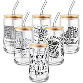 Ziliny 6 Pack Book Lover Gifts Book Club Gift 16 oz Reading Glass Drinking Tumblers Cups with Lids Straws Employee Appreciation Gifts for Librarian Bookworm Bookish Reader Teacher Team Coworker Staff