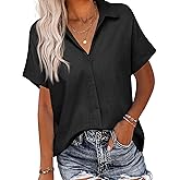 HOTOUCH Linen Button Down Shirt Women Short Sleeve Cotton Blouses V Neck Collared Summer Beach Tops S-2XL
