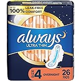 Always Ultra Thin Pads for Women, Size 4 Overnight Absorbency, Unscented with Wings, 26 Count