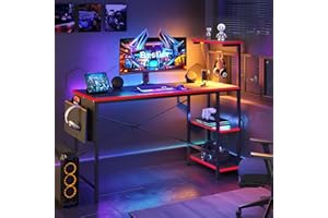 Bestier Gaming Desk with LED Lights, 51.3 Inch Computer Desk with 4 Tiers Reversible Shelves, Gamer Desk with Side Storage Bag, Hooks and Height Adjustable Shelf (Black Carbon Fiber)
