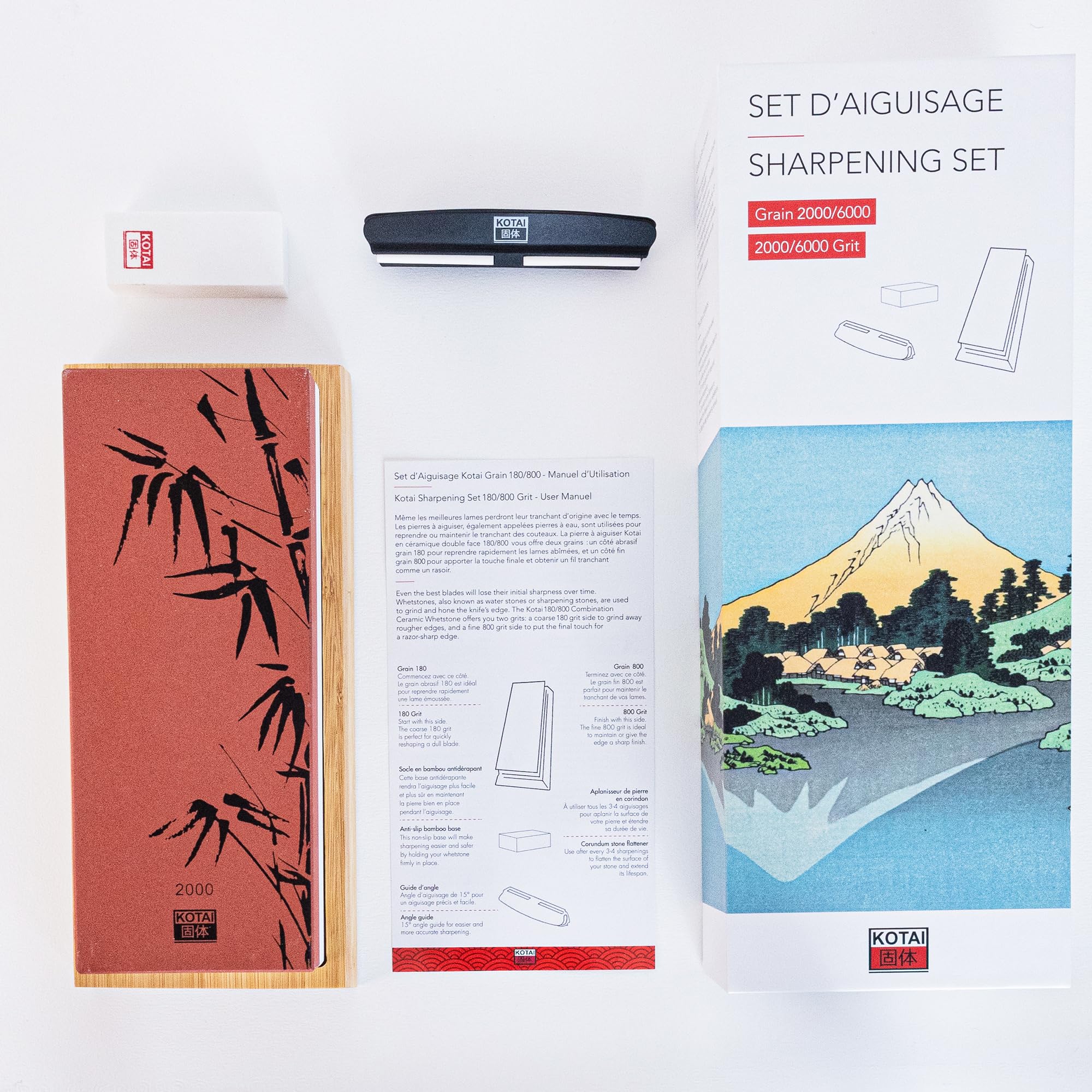KOTAI | Sharpening Set - 1000/6000 Grit | Whetstone | Water or Sharpening Stones | Anti-Slip Bamboo Base for Stability | Includes Corundum Stone Flattener | 15° Angle Guide |