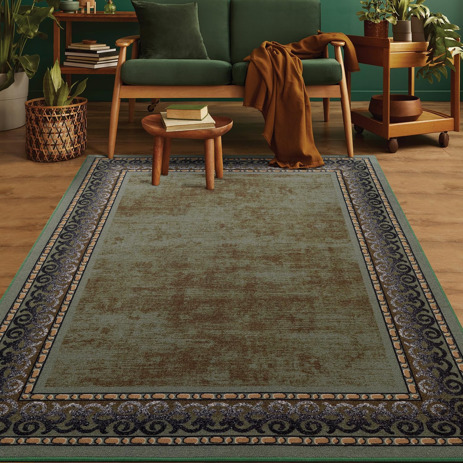 Rugs, Pads & Protectors - Antep Rugs Alfombras Bordered Modern 5x7 Non-Slip (Non-Skid) Low Pile Rubber Backing Indoor Area Rug (Green, 5' x 7')