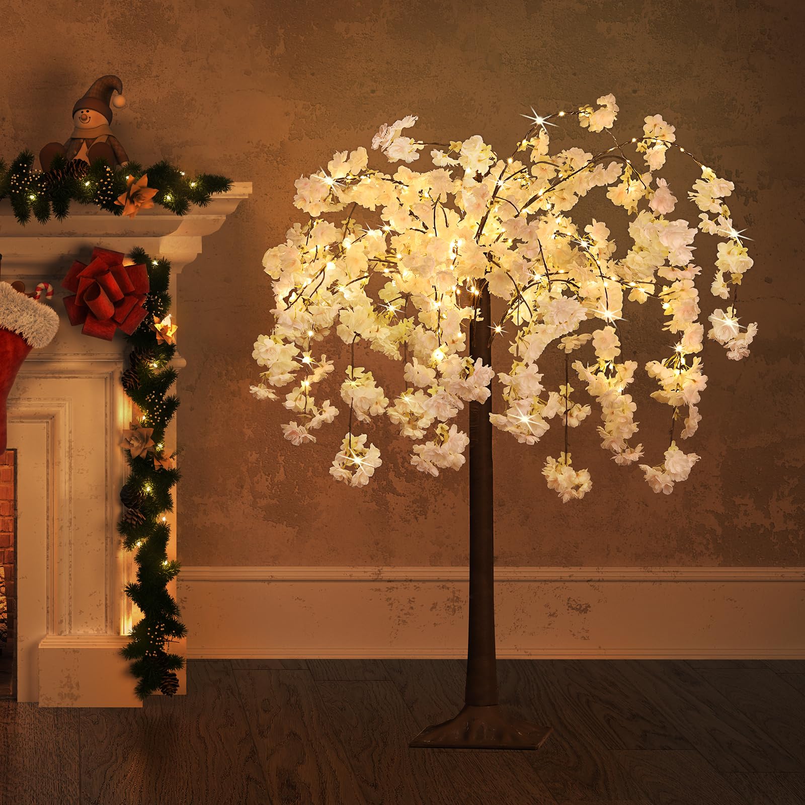 Photo 1 of OUSHENG Lighted Cherry Blossom Tree LED Artificial Trees for Decoration Inside, Light up Fake Plant with Faux Flower for Home Wedding Party Festival Christmas Indoor Decor, Warm White, 4FT