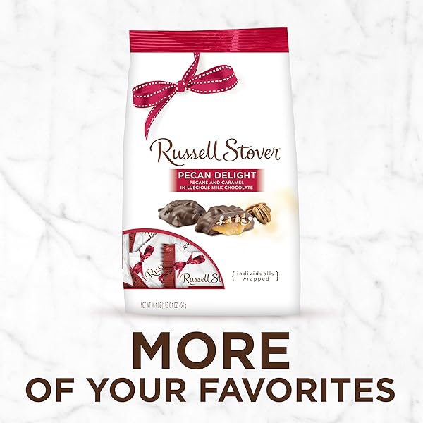 RUSSELL STOVER PECAN DELIGHT GUSSET BAG 16.10 OUNCE RUSSEL STOVER MILK CHOCOLATE COVERED CANDY PACK, CRUNCHY PECANS AND BUTTERY CARAMEL COVERED IN SWEET MILK CHOCOLATE CANDY, INDIVIDUALLY WRAPPED