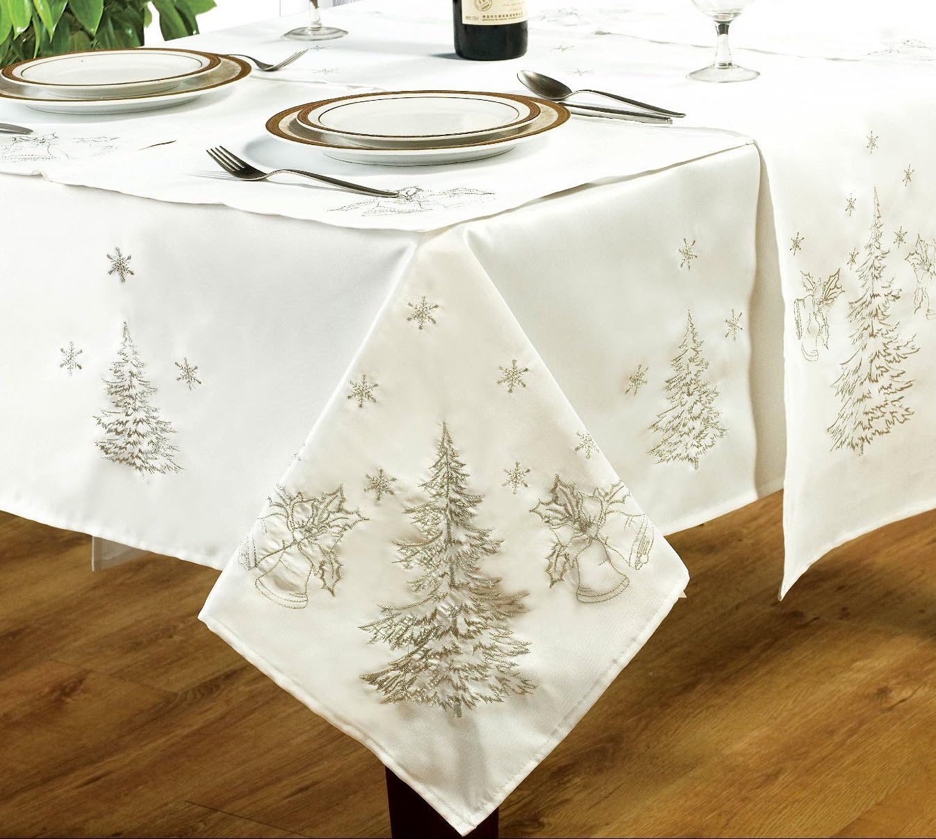 Kitchenwise54"x70" Festive White Silver Tablecloth, Ideal For 4-6 Place Settings, Christmas Party Events, Embroidered Fir Tree Bells Holly Leaf Snow Flake Grey