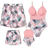PATPAT Mommy and Me Matching Swimsuit:One Piece V Neck Bathing Suits Leaves Printed Family Swimwear Matching Set