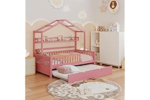 HUMEHA Full House Bed with Trundle, Montessori Platform Bed Frame with Headboard and Storage Shelves, Wood Playhouse Bed with 14" Fence for Kids Girls Boys, Pink, 74.4" L x 57.8" W x 70.9" H