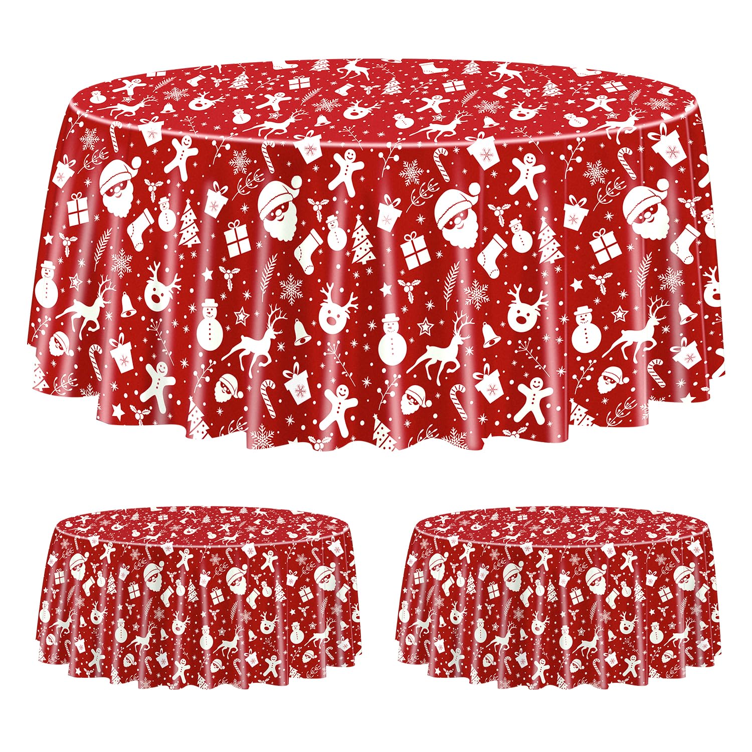QUERICKY Christmas Tablecloths for Round Table, 210x210cm Santa Claus Snowman Reindeer Snowflake Xmas Round Table Cover for Christmas Party Winter Events Decorations, Red, 3 Pack