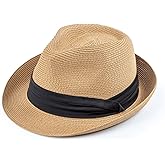 AQOKKA Summer Straw Fedora Hat for Women Men Travel Panama Hat with Wide Brim Roll Up Sun Hat for Beach Outdoor UPF 50+