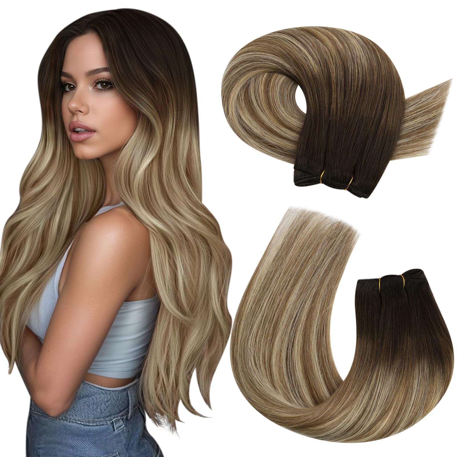 Moresoo Weft Hair Extensions Real Human Hair 18 Inch Balayage Dark Brown to Medium Brown with Bleached Blonde Sew in Hair Extensions Real Human Hair Ombre 100g #4/6/613