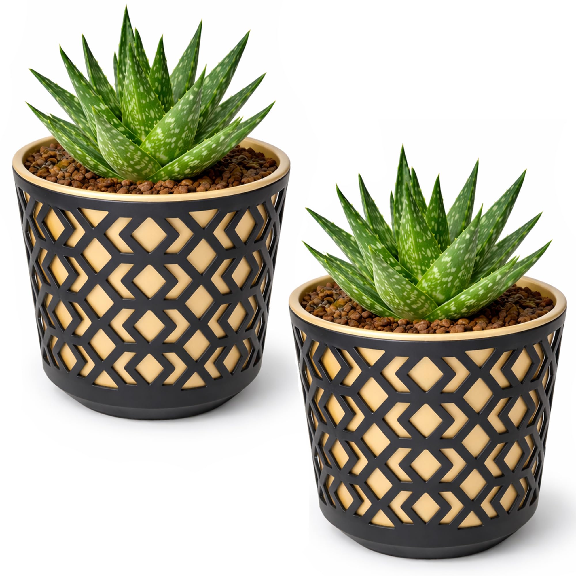 PECZEKO Matte Flower Pots - Decorative Plant Pots for Flowers and Herbs - Durable & Lightweight Round Plastic Plant Pots for Living Room & Dining Room - Set of 2 - (Black/Golden, 5,5 inch)