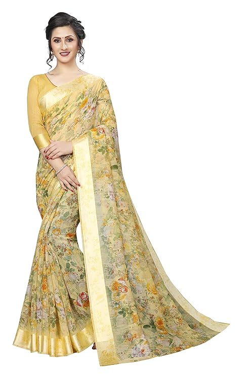 Women's Blend Linen Saree with Unstitched Blouse Piece (DigitalPrintVariation)