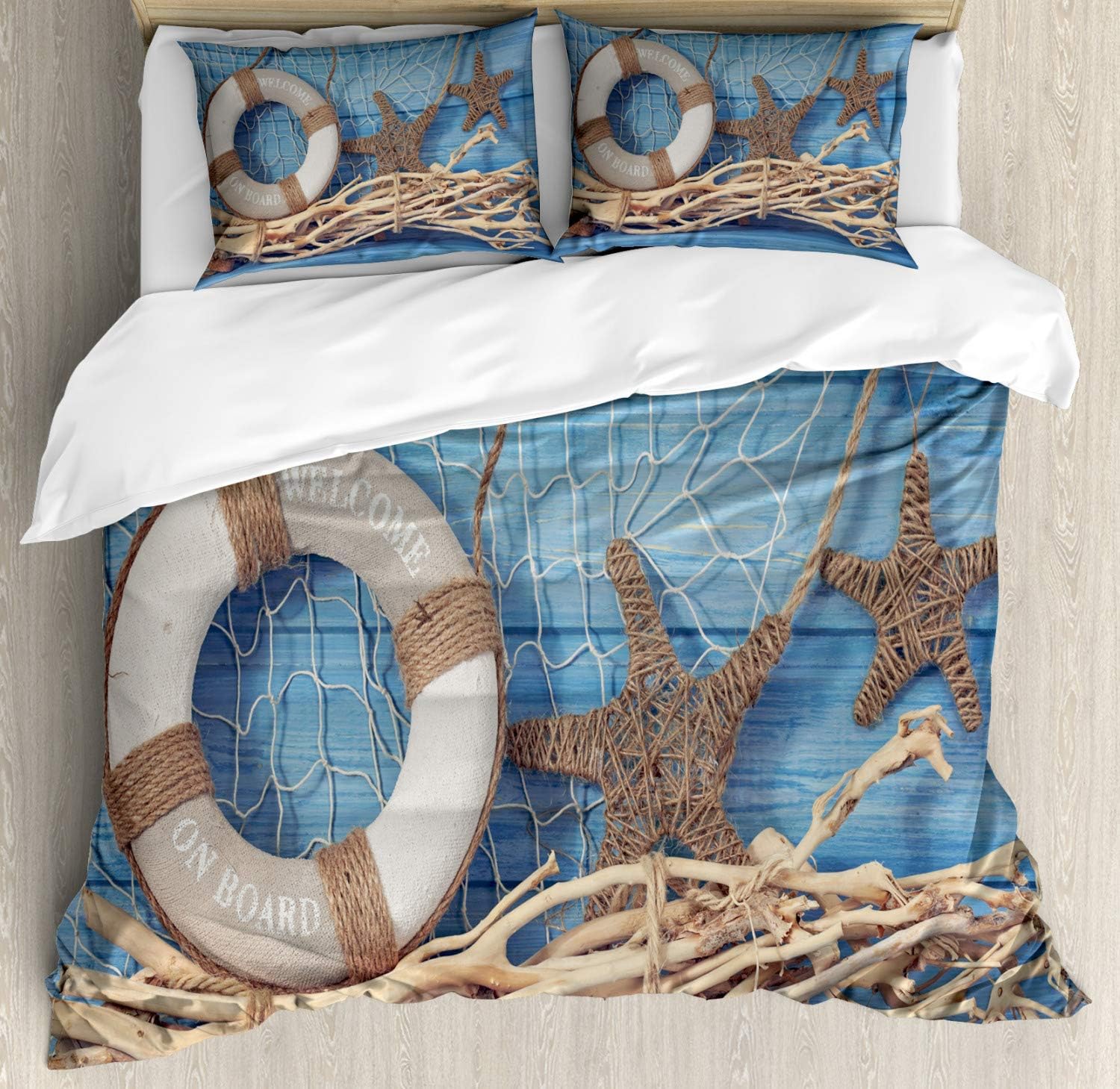 Lunarable Coastal Duvet Cover Set, Shabby Wooden Background Marine Design