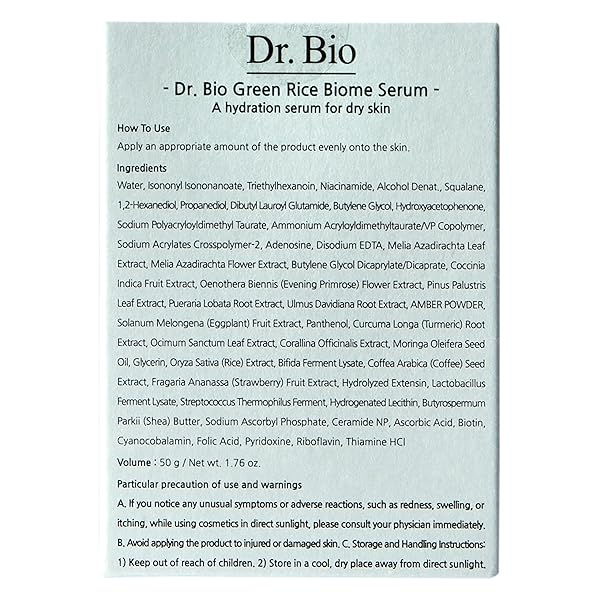 DR. BIO GREEN RICE BIOME SERUM (1.69 FL.OZ) WITH PROBIOTIC, REDUCE DARK SPOTS, TREAT HYPERPIGMENTATION & BLEMISH, RADIANT SKIN, EVEN SKIN TONE, FRAGRANCE-FREE, VEGAN KOREAN SKINCARE FOR SENSITIVE SKIN