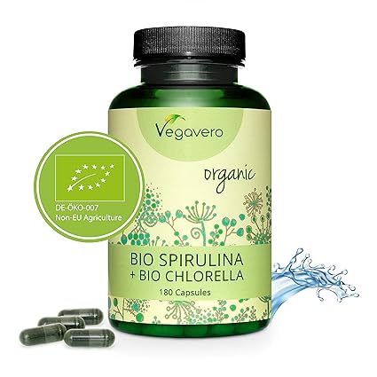 VEGAVERO® Bio Spirulina + Chlorella Algen Kapseln | 100% BIO | Rohkostqualität | Umfangreich laborgeprüft | 180 Kapseln | Ohn