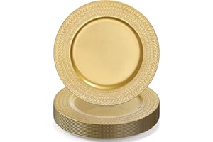 SOUJOY 12 Pack Plastic Gold Charger Plates, 13 Inch Dinner Plate, Leaf Trim Antique Charger Plate for Weddings, Parties, Anni