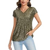 MINTLIMIT Womens Full Sequin Tops Glitter Party Shirt Cap Sleeve Sparkle Blouses V-Neck Loose Summer Shimmer Tunic Shirts
