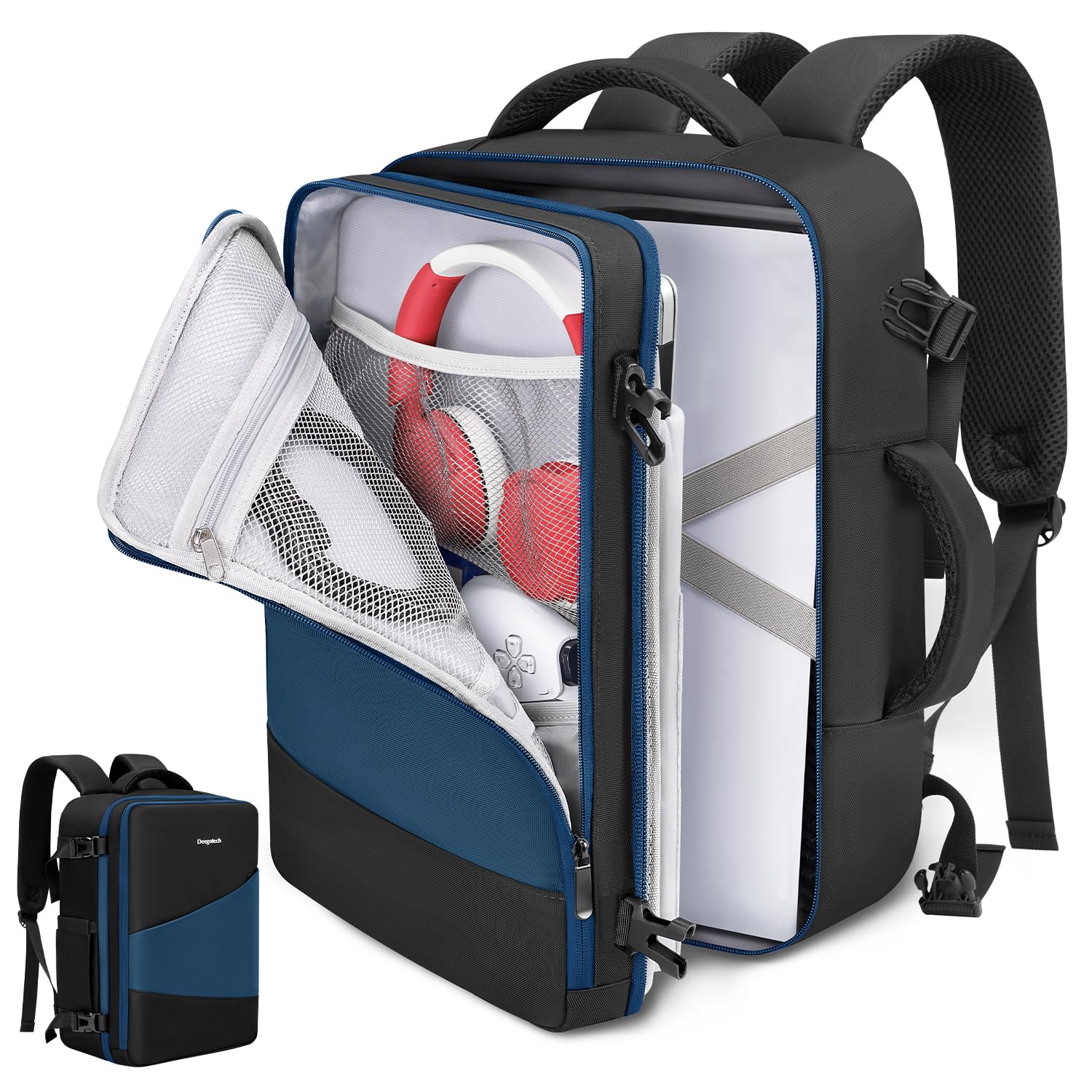 Photo 1 of Deegotech Carrying Backpack Compatible with PS5/PS5 Pro, Protective Travel Case Compatible with Playstation 5 Console, Disc, Controllers, Accessories and 15.6" Laptop, Water-resistant Game Bags, Blue