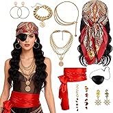 Carreuty 10 Pcs Pirate Costume Accessories Women, Pirate Role Play Outfit with Headscarf Waist Belt Necklace Bracelets Eye Mask Earrings for Halloween, Cosplay Party