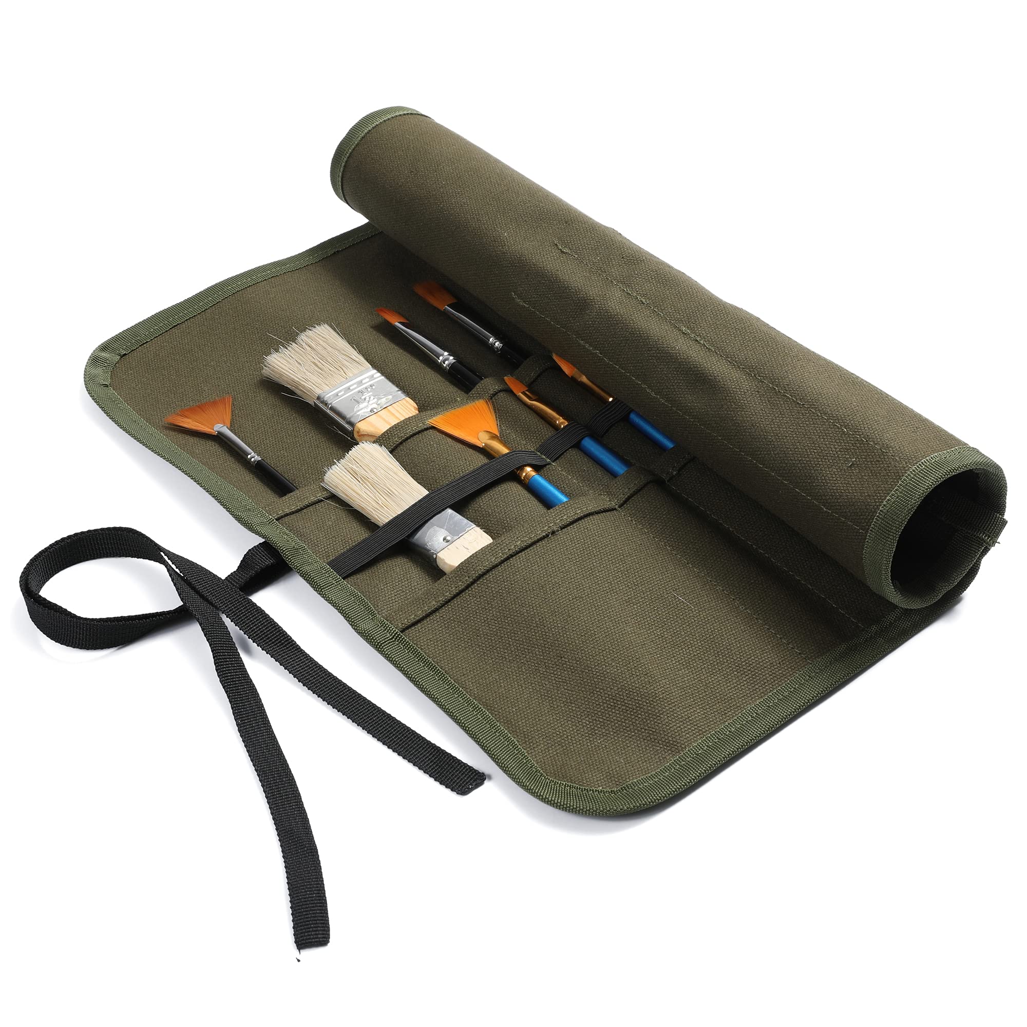 Kaaltisy Paint Brush Roll, Heavy Duty 16oz Waxed Canvas Pen Roll Up Bag, 22 Slots Canvas Brush Bag with Tie Rope - for Artist Family Friends Lover - Army Green