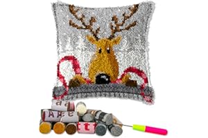 LAPATAIN Latch Hook Kits for DIY Throw Pillow Cover,Christmas Deer Needlework Cushion Cover Hand Craft Crochet for Great Family 17x17inch