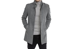 Karlywindow Mens Trench Coat Long Sleeve Stand Collar Single Breasted Pea Coat Casual Mid Long Slim Fit Overcoat with Pockets