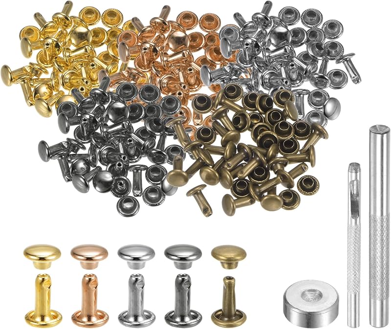sourcing map 100 Sets Leather Rivets 6x8mm Metal Double Cap Studs Fasteners