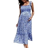 Coolmee Smocked Maternity Boho Dress Summer Casual Spaghetti Strap Ruffle Sleeveless Flowy Maxi Dress Baby Shower Photoshoot