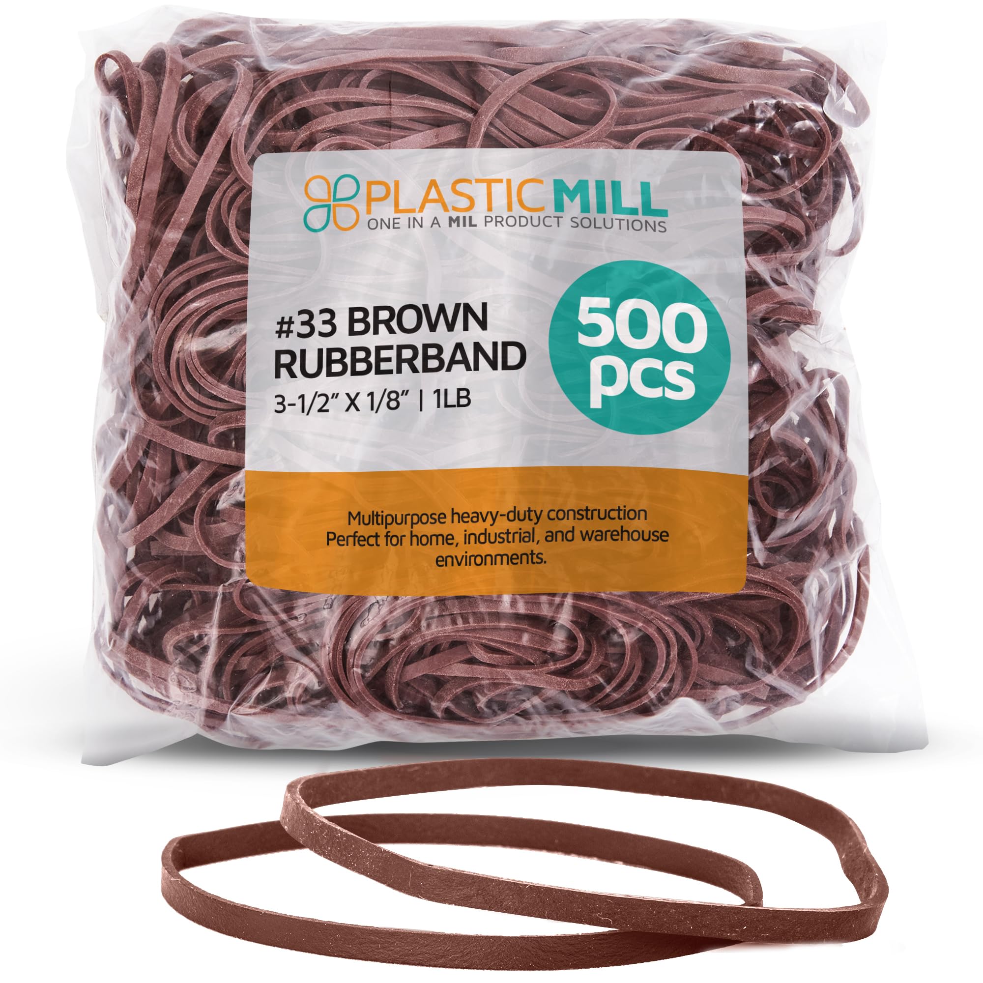 PlasticMill Rubber Bands - #33 Size - Rubberbands - 1Lb/500 Count. 1 Pound / 500 Count Brown