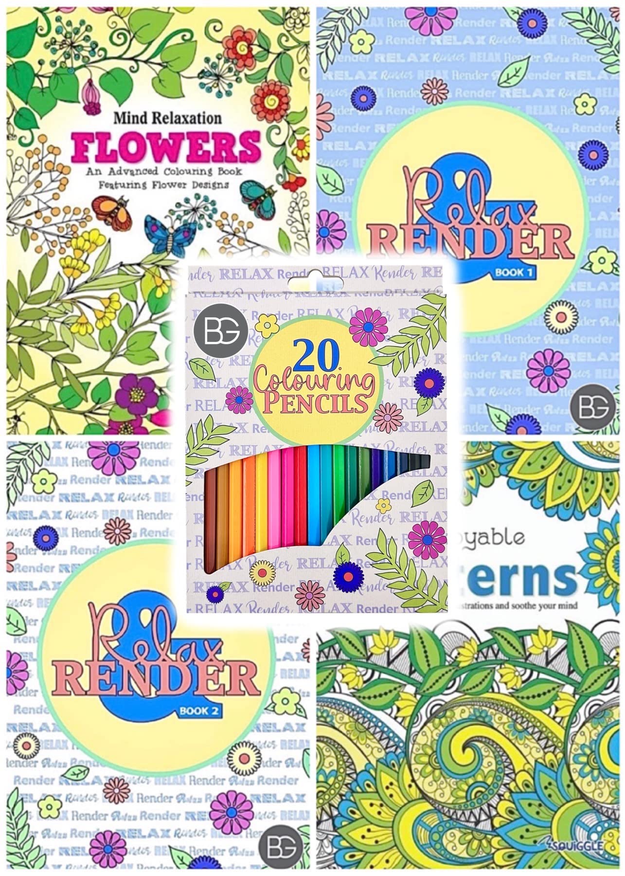 BG Colour Therapy Anti-Stress Adult Colouring Books Set of 4 + 20 Premium Colouring Pencils - Choose Your Set (SET 4)