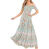 R.Vivimos Women's Summer Maxi Off-Shoulder Dresses Short Sleeve Empire Waist Boho Floral Print Casual Smocked Flowy Dresses