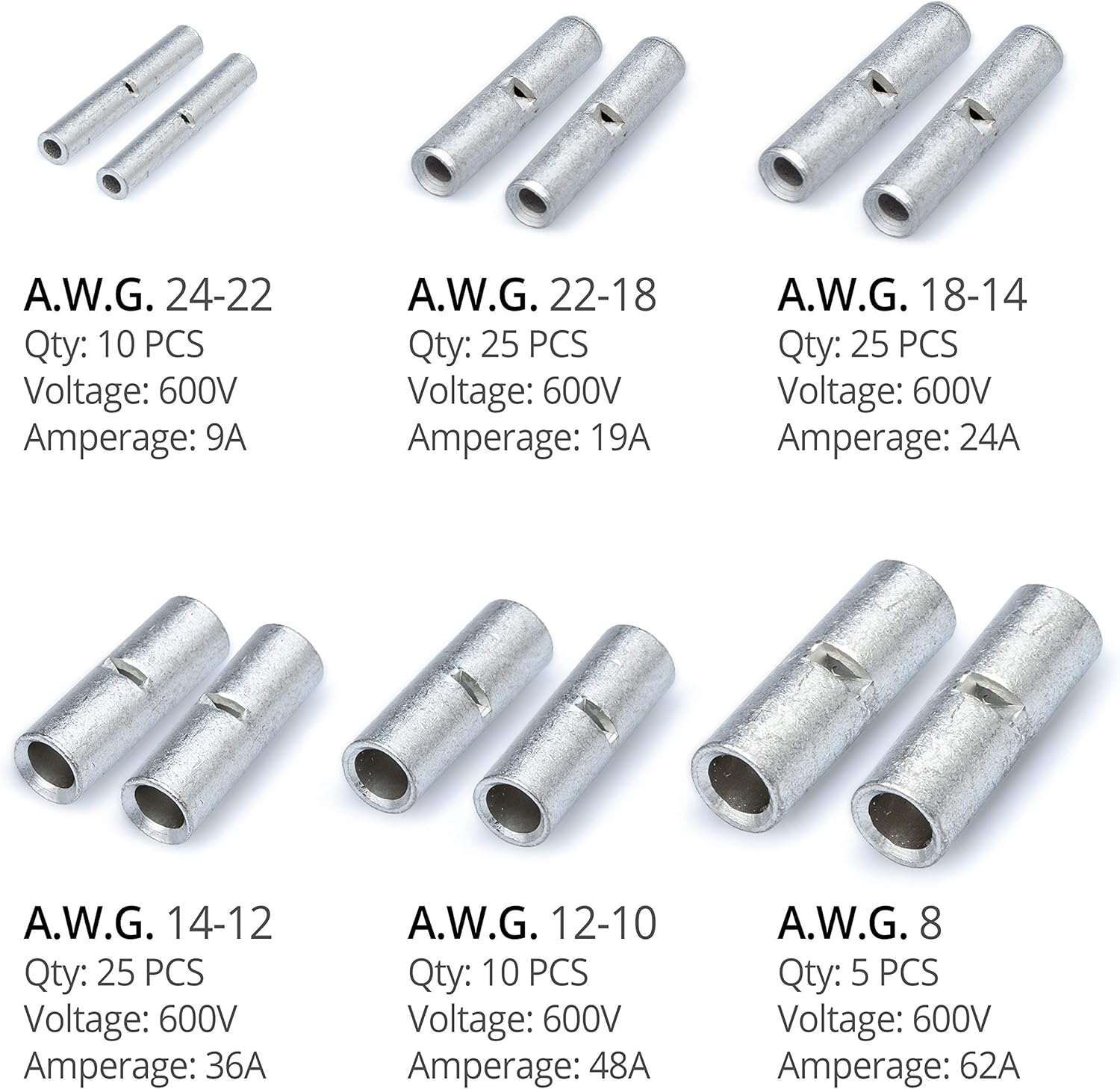 Wirefy 100 PCS Non Insulated Butt Connectors Kit - Butt Splice Wire Connectors - Electrical Crimp Terminals - 24-8 AWG: Home Improvement