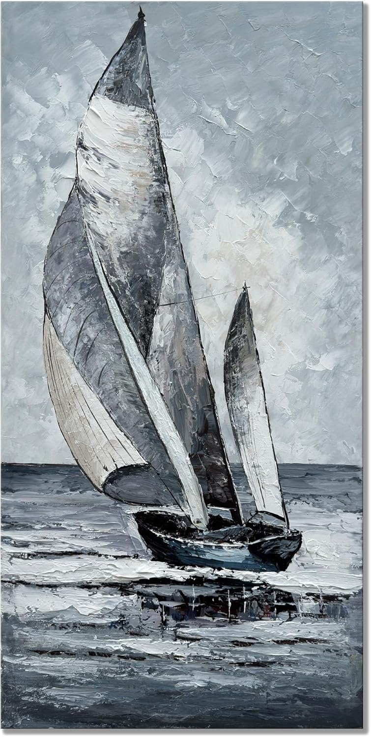 Paintings - zoinart Hand Paintings Sailboat Canvas Wall Art 24x48 Inches Vertical Abstract Modern Sailing Boat Framed Texture Wall Art Gray Artwork Large Contemporary Art for Home Decorations
