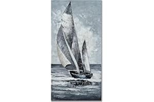 zoinart Hand Paintings Sailboat Canvas Wall Art 24x48 Inches Vertical Abstract Modern Sailing Boat Framed Texture Wall Art Gray Artwork Large Contemporary Art for Home Decorations