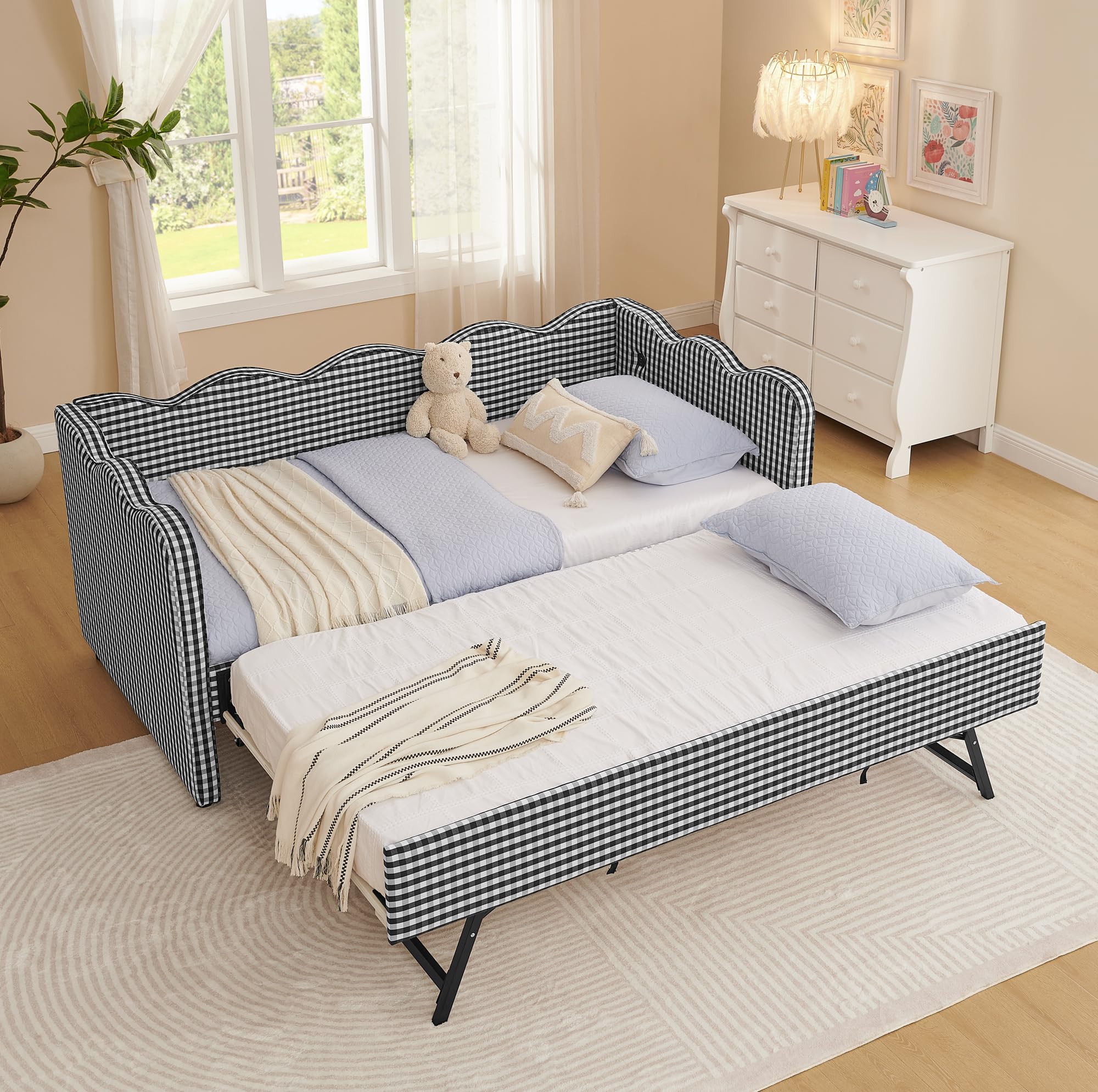 View 1 of **UNSURE IF SHOULD HAVE MULTIPLE BOXES, ONLY ONE BOX!**KEIKI Twin Size Upholstery Daybed with Trundle and USB, Twin to King Design Adorable Wave Shaped Extendable Linen Sofa Bed, Easy Assembly, No Box Spring Required, for Living Room and Bedroom, Black
